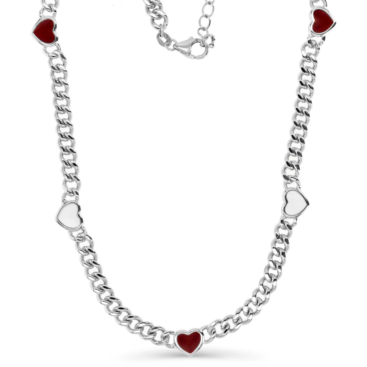 Sterling Silver Rhodium 8MM Polished White & Red Enamel Heart Station 18+2'' Link  Necklace