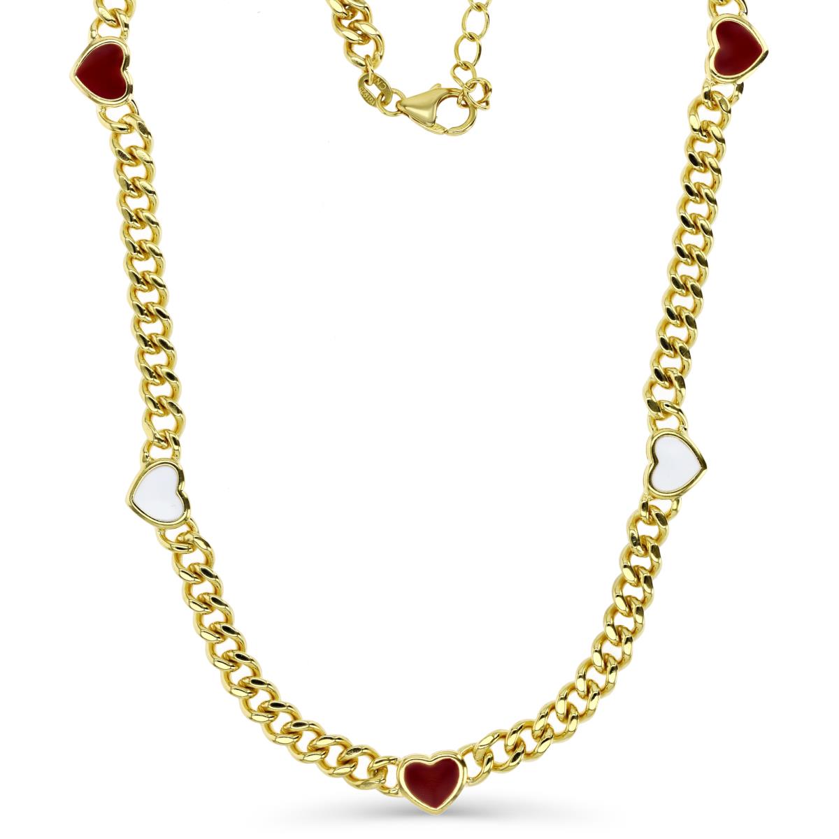 Sterling Silver Yellow 8MM Polished White & Red Enamel Heart Station 18+2'' Link  Necklace
