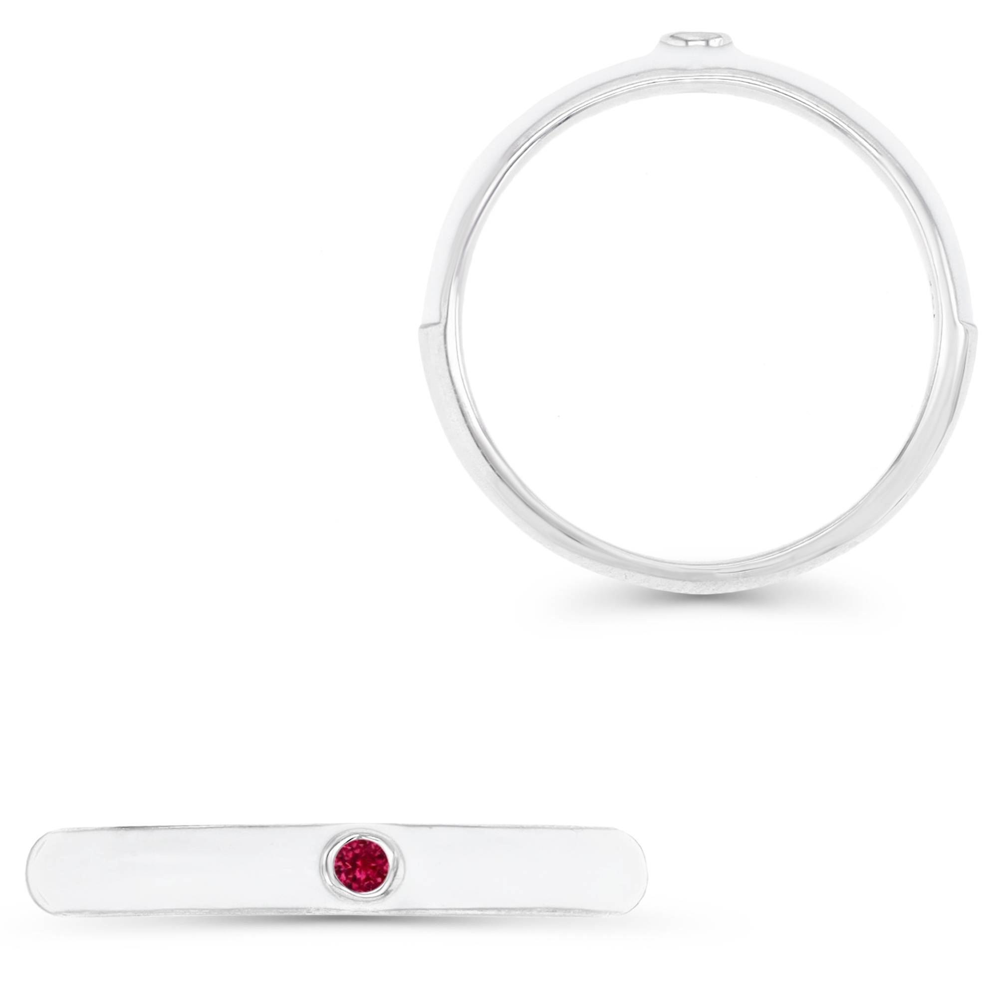 Sterling Silver Rhodium 3MM White CZ & Red Enamel Bezel Ring