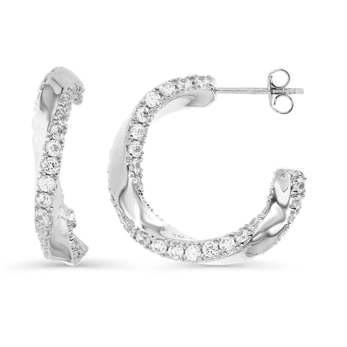 Sterling Silver Rhodium 24X4MM Polished White CZ Twisted Hoop Earring
