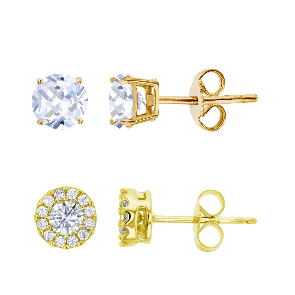Sterling Silver Yellow 7.00MM;4MM Polished White CZ Round Solitaire & Halo Stud Earring  Set