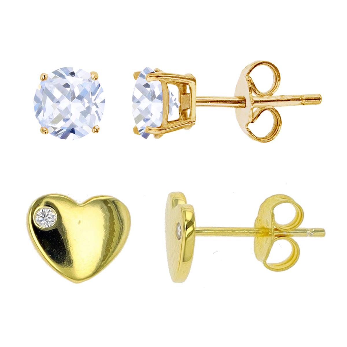 Sterling Silver Yellow 4MM;8X8 Polished White CZ Round Solitaire & Heart Stud Earring Set