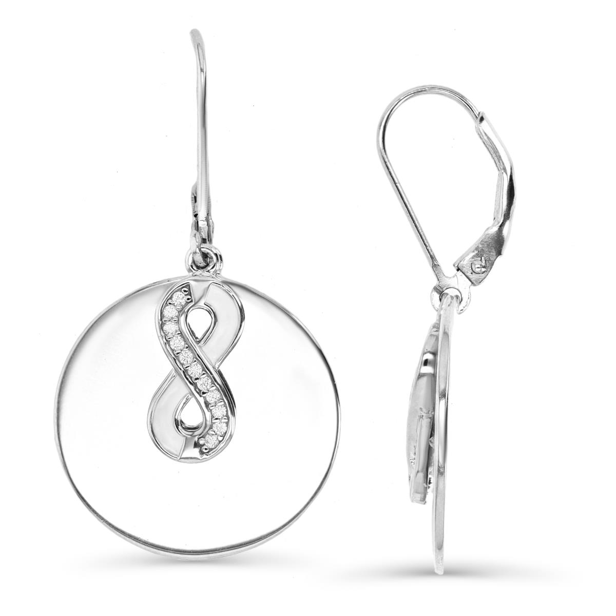 Sterling Silver Rhodium 38X20 MM Polished White CZ & White Enamel Infinity Dangling Circle Lever Back Earring