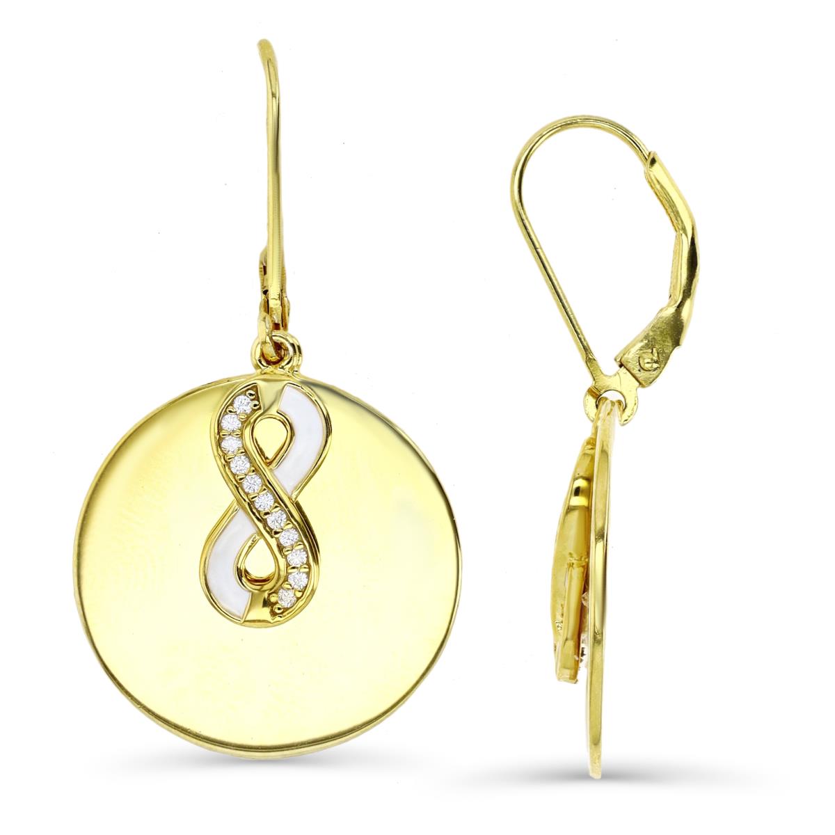 Sterling Silver Yellow 1M 38X20 MM Polished White CZ & White Enamel Infinity Dangling Circle Lever Back Earring