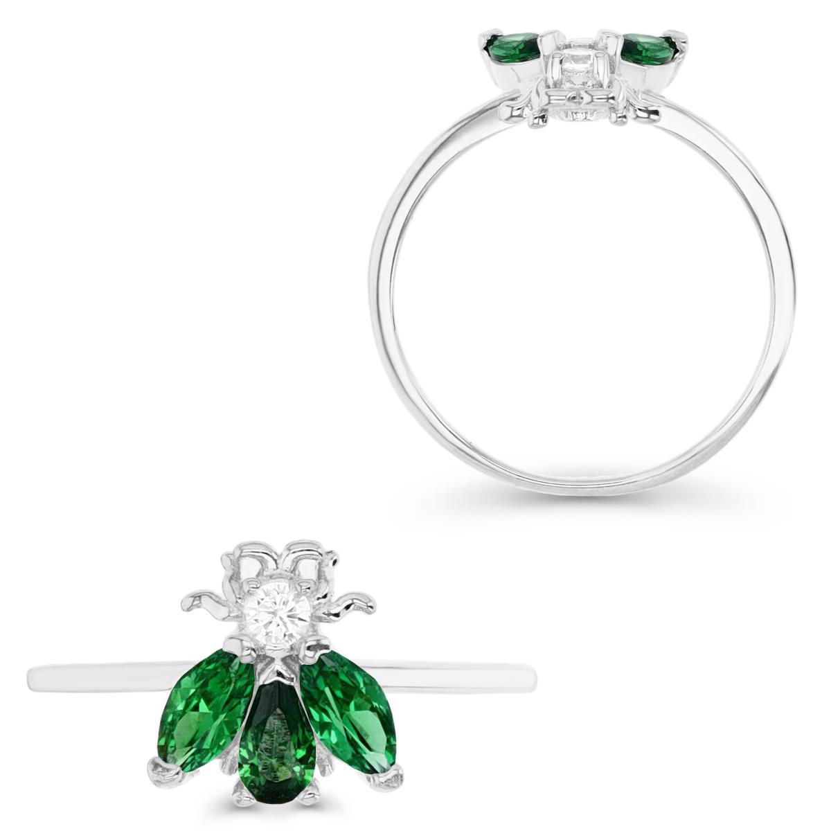 Sterling Silver Rhodium 10MM Polished Green & White CZ Fly  Ring