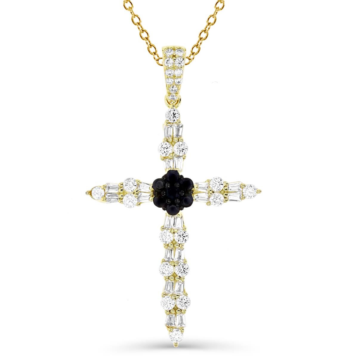 Sterling Silver Yellow 1M Rd & TB Black & White CZ Cross 18"Necklace