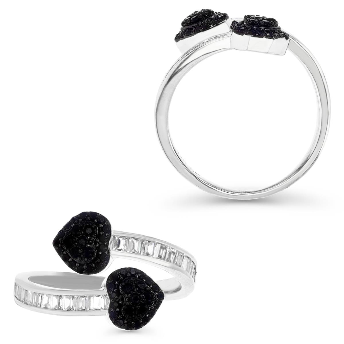 Sterling Silver Rhodium 11MM Black & White CZ Twin Pave Heart Open Ring