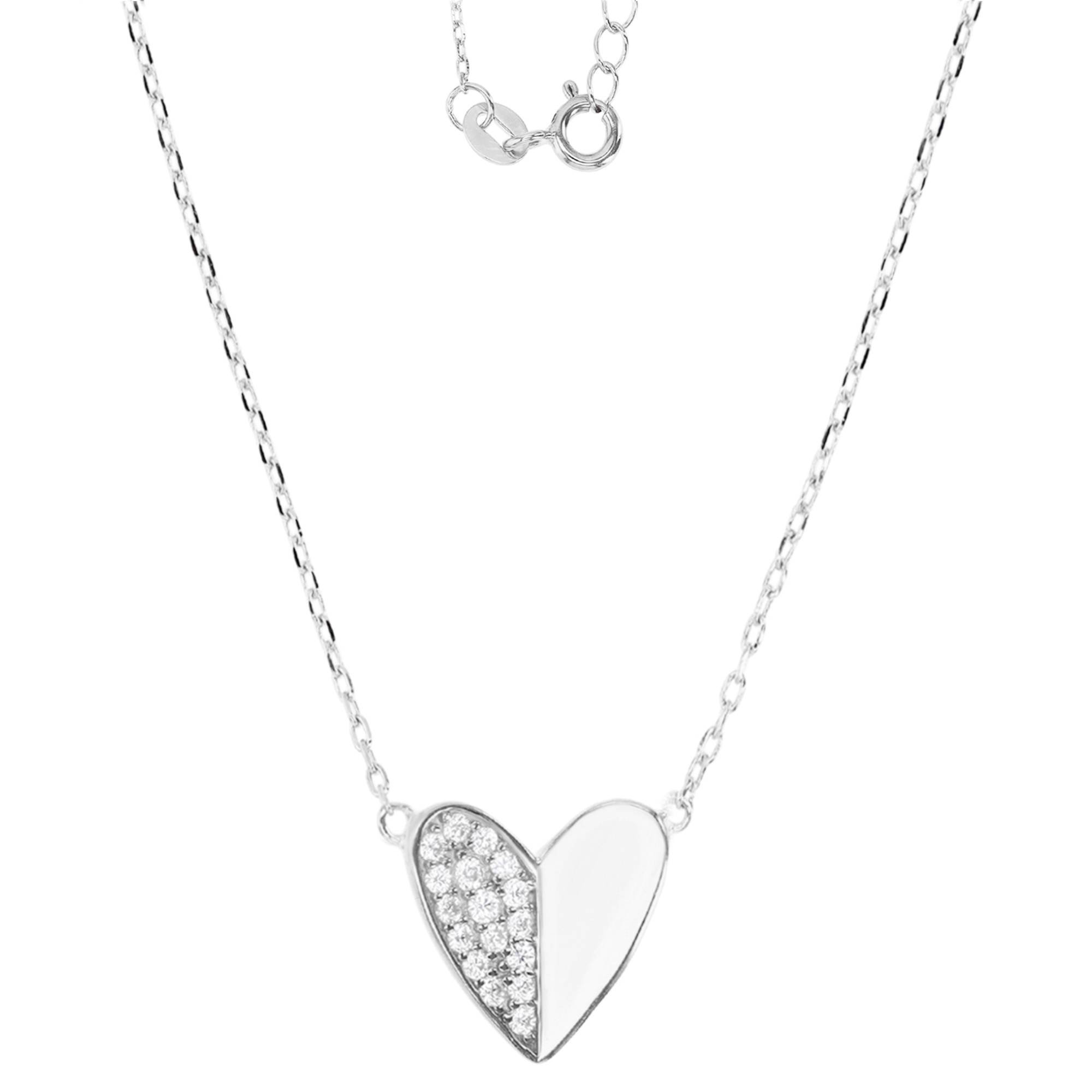 Sterling Silver Rhodium 12MM Polished White CZ Half Pave Heart Dangling 16+2'' Necklace