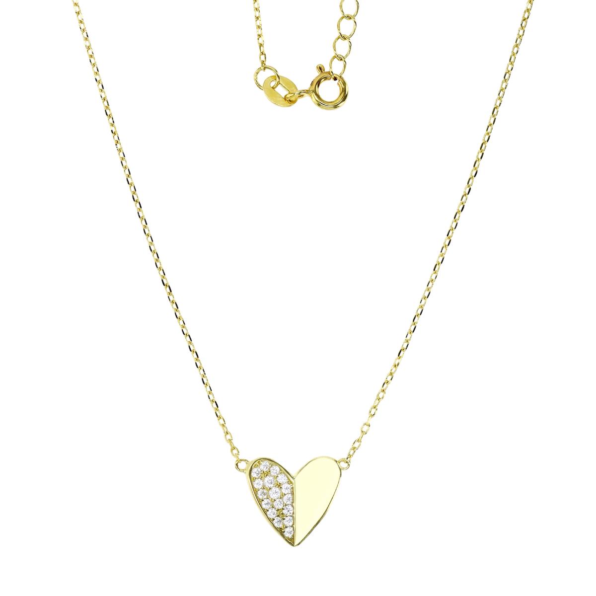 Sterling Silver Yellow 1M 12MM Polished White CZ Half Pave Heart Dangling 16+2'' Necklace