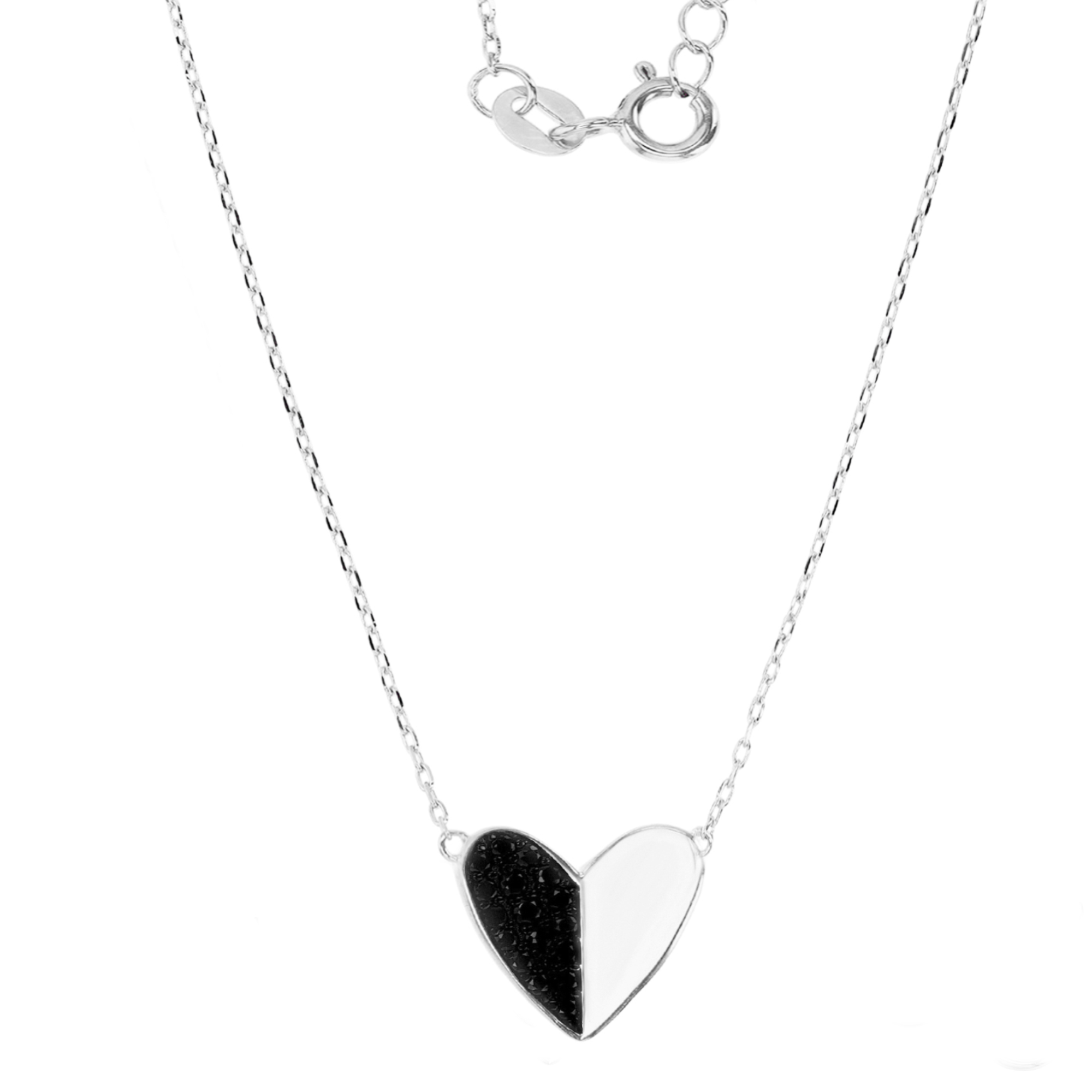 Sterling Silver Rhodium 12MM Polished Black Spinel Half Pave Heart Dangling 16+2'' Necklace