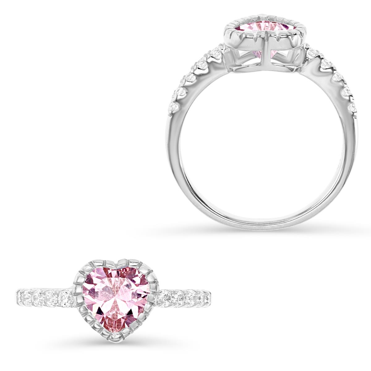 Sterling Silver Rhodium 7MM Polished Pink & White CZ Heart Ring