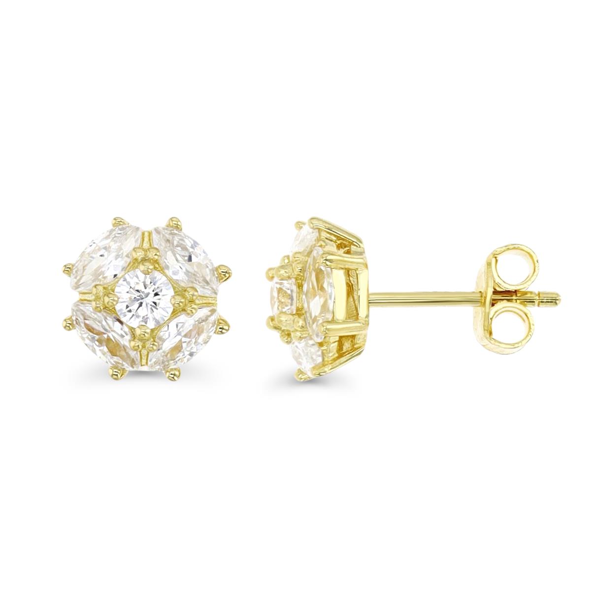 Sterling Silver Yellow 1M 9MM Polished White CZ Marquise & Rnd Flower Stud Earring