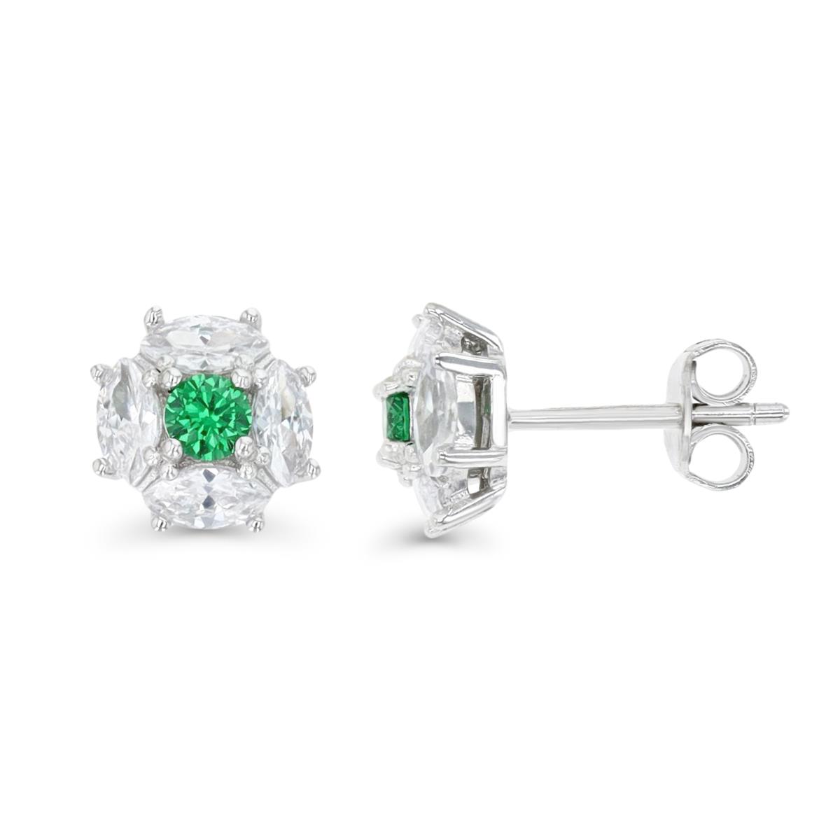 Sterling Silver Rhodium 9MM Polished Green & White CZ Marquise & Rnd Flower Stud Earring