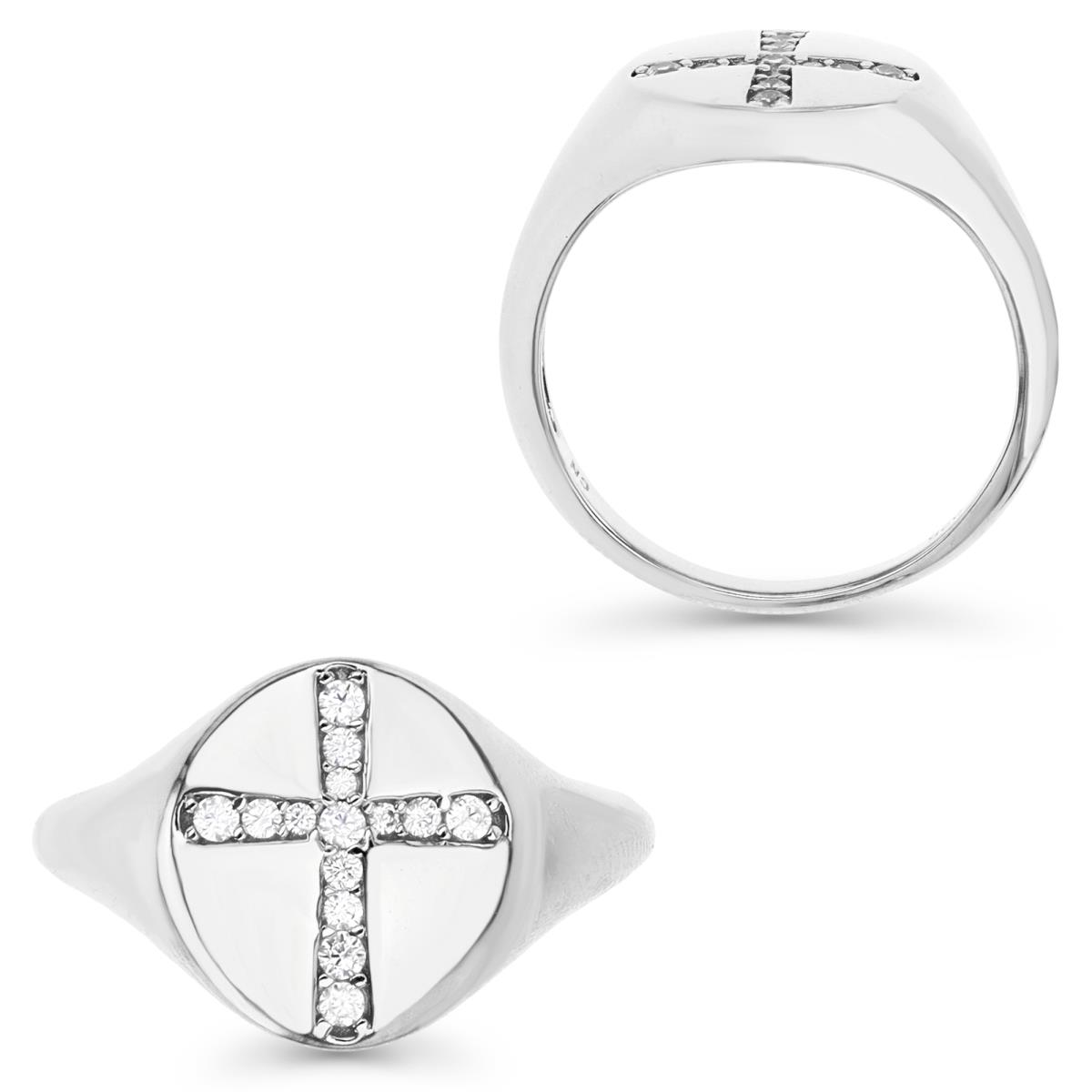 Sterling Silver Rhodium 13MM Polished White CZ Pave Cross Signet Ring