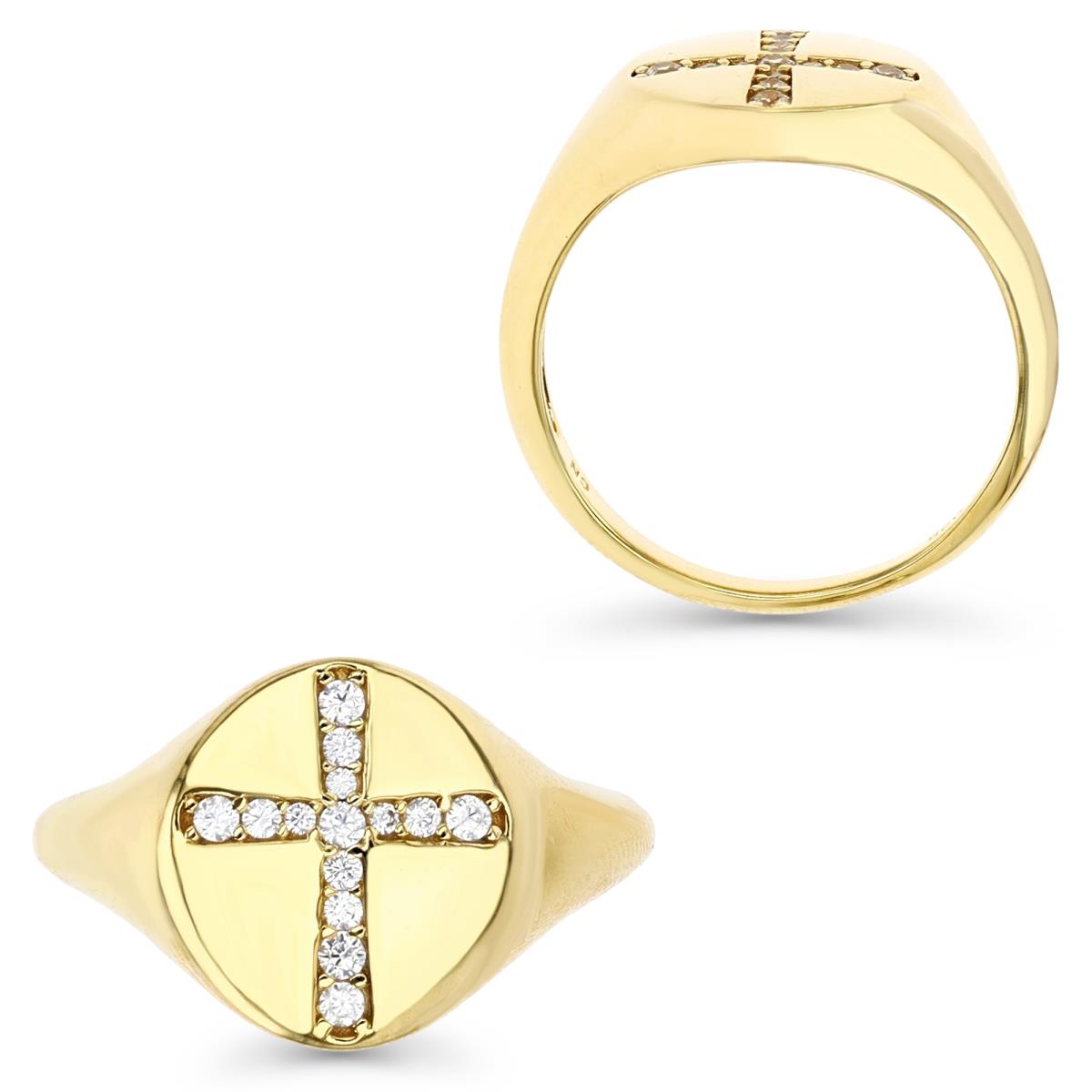Sterling Silver Yellow 13MM Polished White CZ Pave Cross Signet Ring