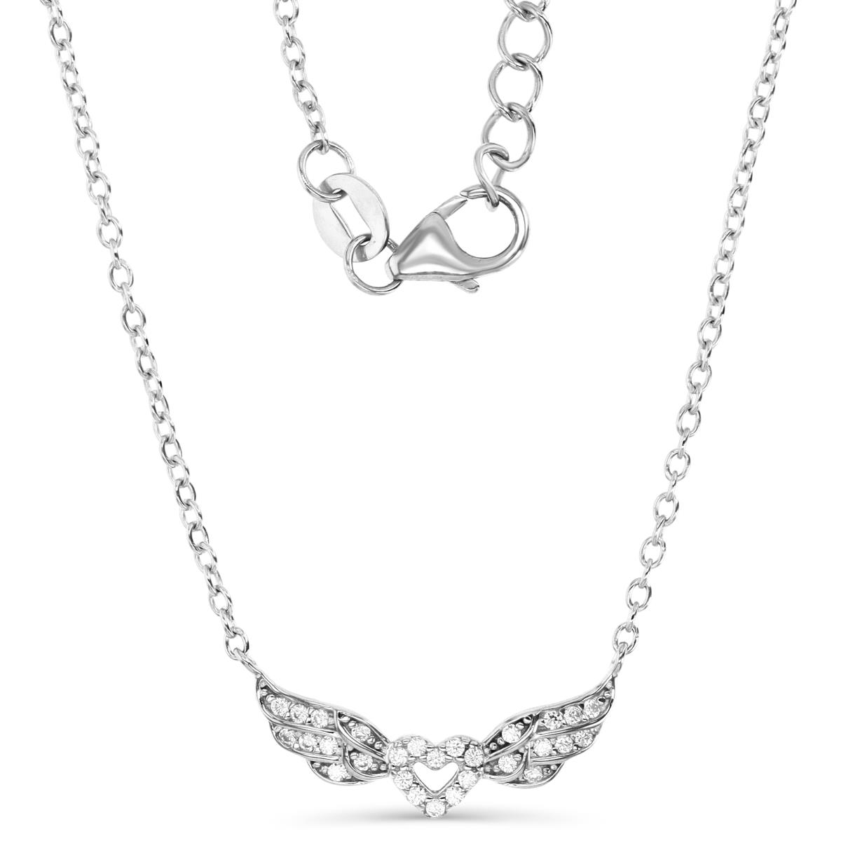 Sterling Silver Rhodium 20X9MM Polished White CZ Heart & Angel Wings 16+2 ''Rollo  Necklace
