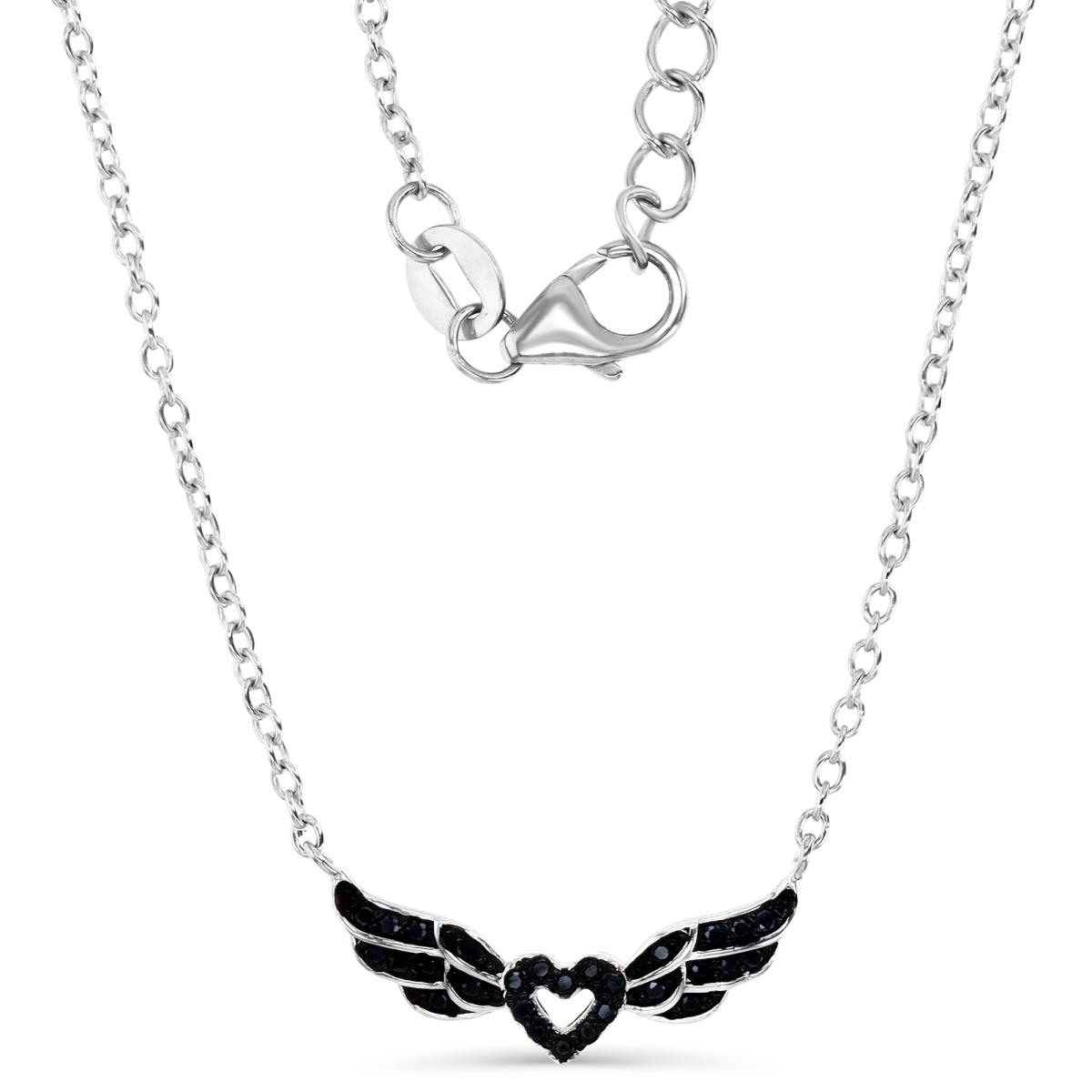 Sterling Silver Rhodium 20X9MM Polished Black Spinel Heart & Angel Wings 16+2 ''Rollo  Necklace