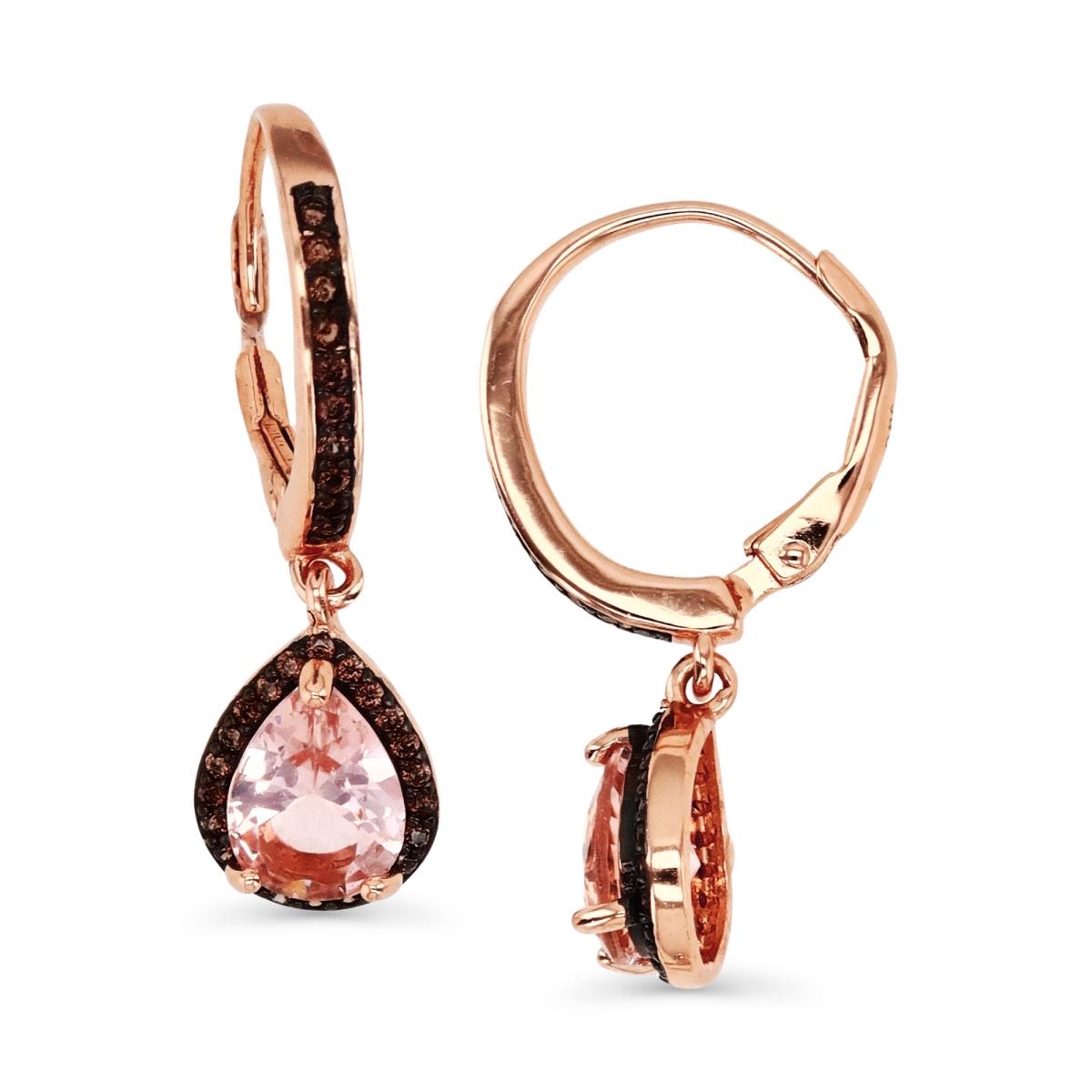 Sterling Silver Rose 1M and Black Plated & Morganite Nano and Smoky CZ Dangling Teardrop Leverback Earring
