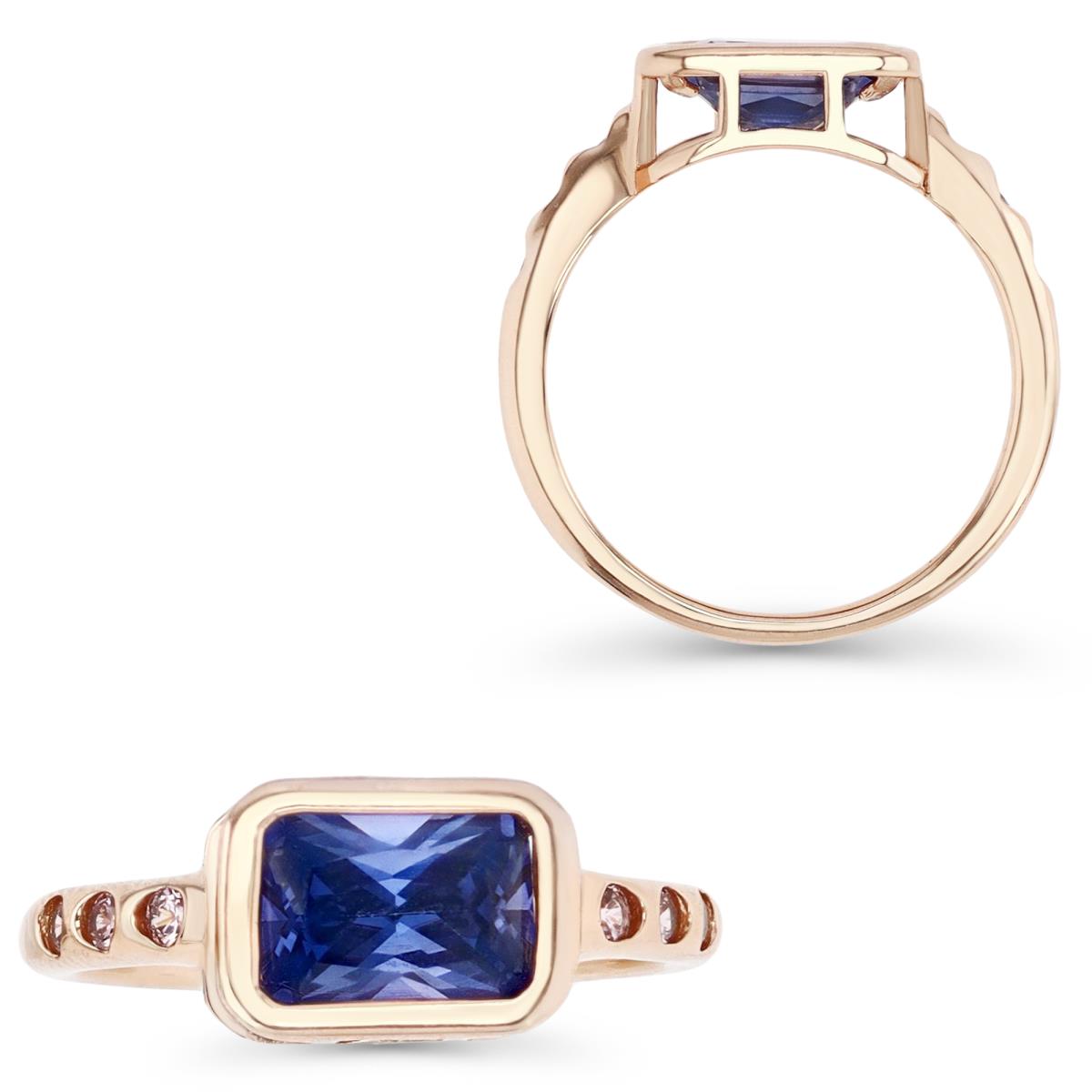 Sterling Silver Rose 8MM Polished Tanzanite & Pink CZ Bezel Emerald Cut Ring
