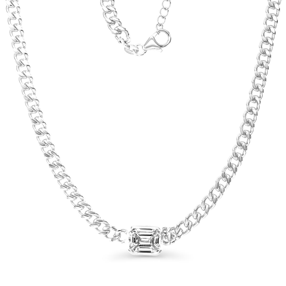 Sterling Silver Rhodium 9MM Polished White CZ Emerald Cut Link 16+2 Necklace