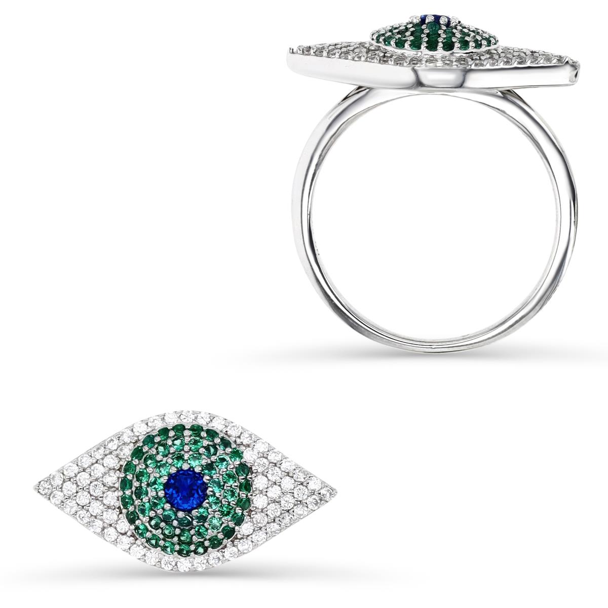 Sterling Silver Rhodium 20X11MM Polished White CZ / Green Nano & Created Spinel Evil Eye Ring
