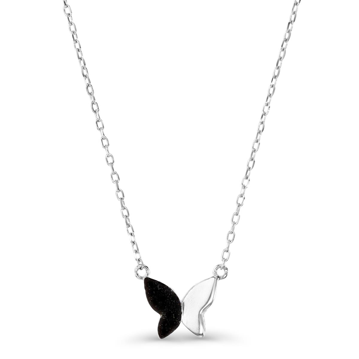 Sterling Silver Rhodium 9X8MM Polished Black Spinel Half Pave Butterfly 13+2'' Necklace