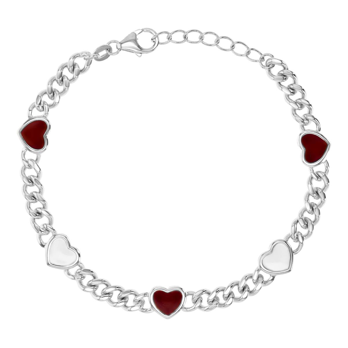 Sterling Silver Rhodium 8MM Polished White & Red Enamel Heart 7+1'' Link Bracelet