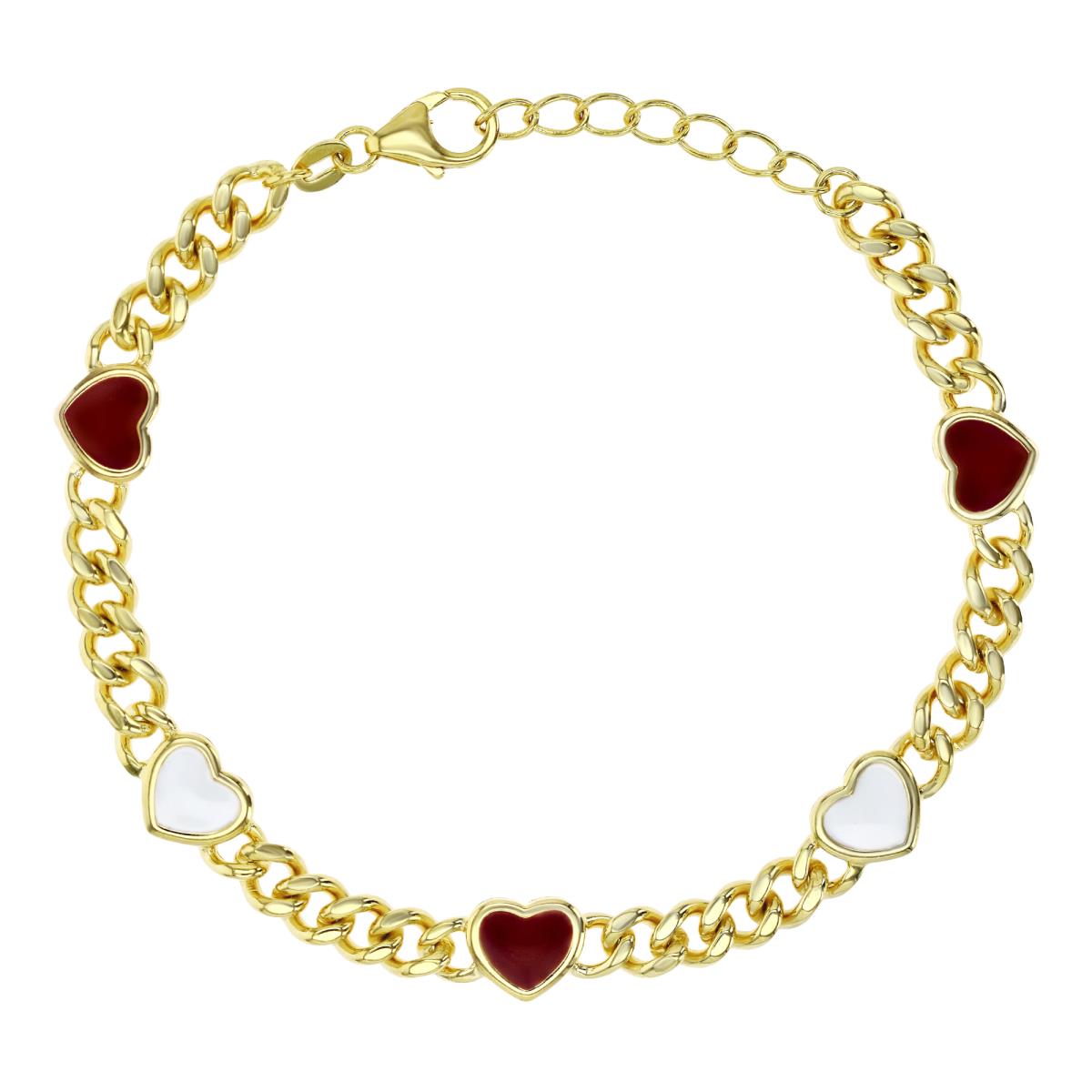 Sterling Silver Yellow 8MM Polished White & Red Enamel Heart 7+1'' Link Bracelet