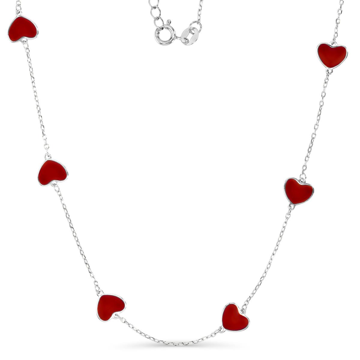 Sterling Silver Rhodium 8MM Red Enamel Heart 16+2'' Station Necklace