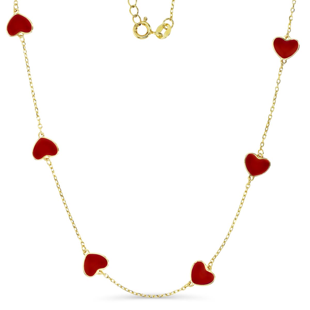Sterling Silver Yellow 1M 8MM Red Enamel Heart 16+2'' Station Necklace