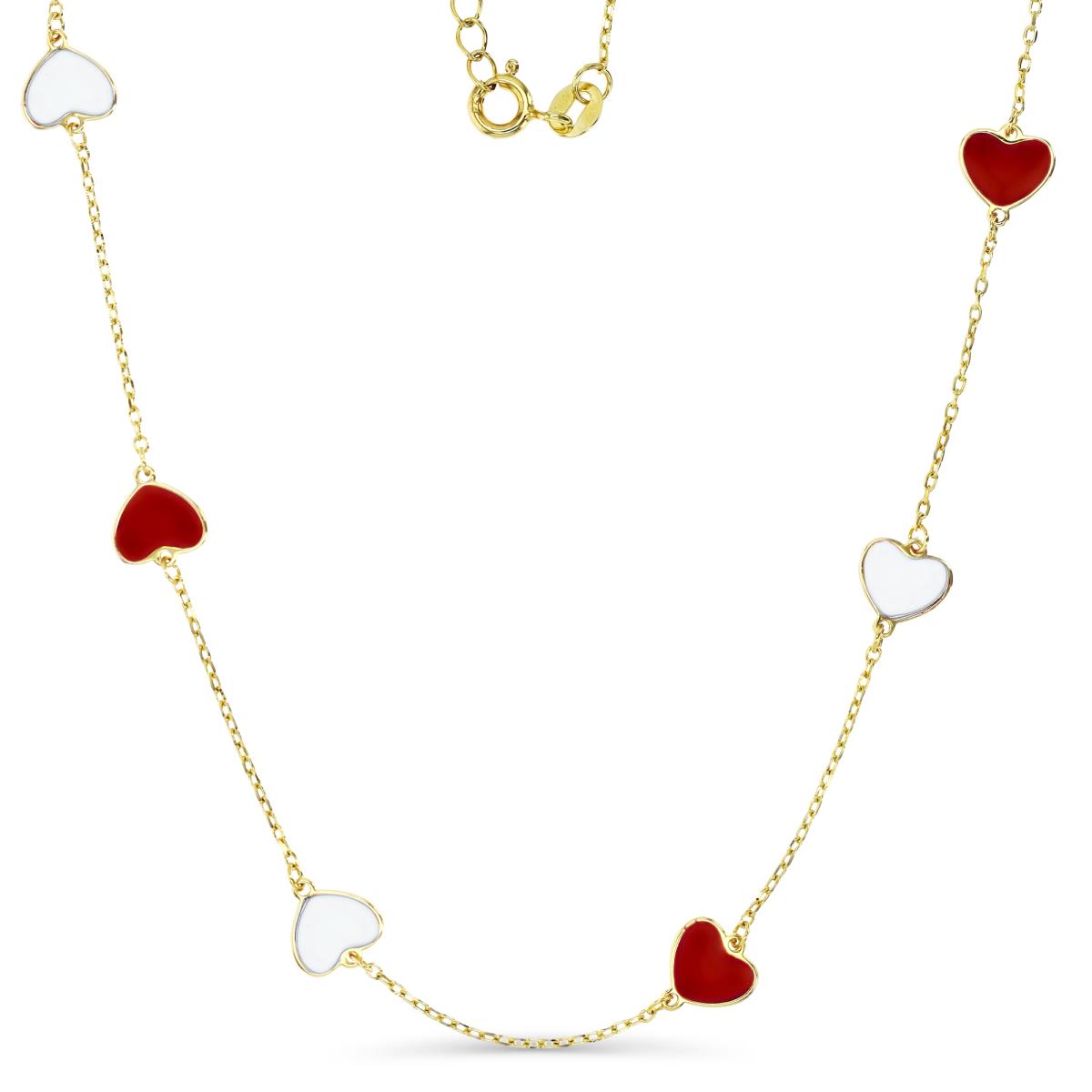 Sterling Silver Yellow 1M 8MM Red & White  Enamel Heart 16+2'' Station Necklace