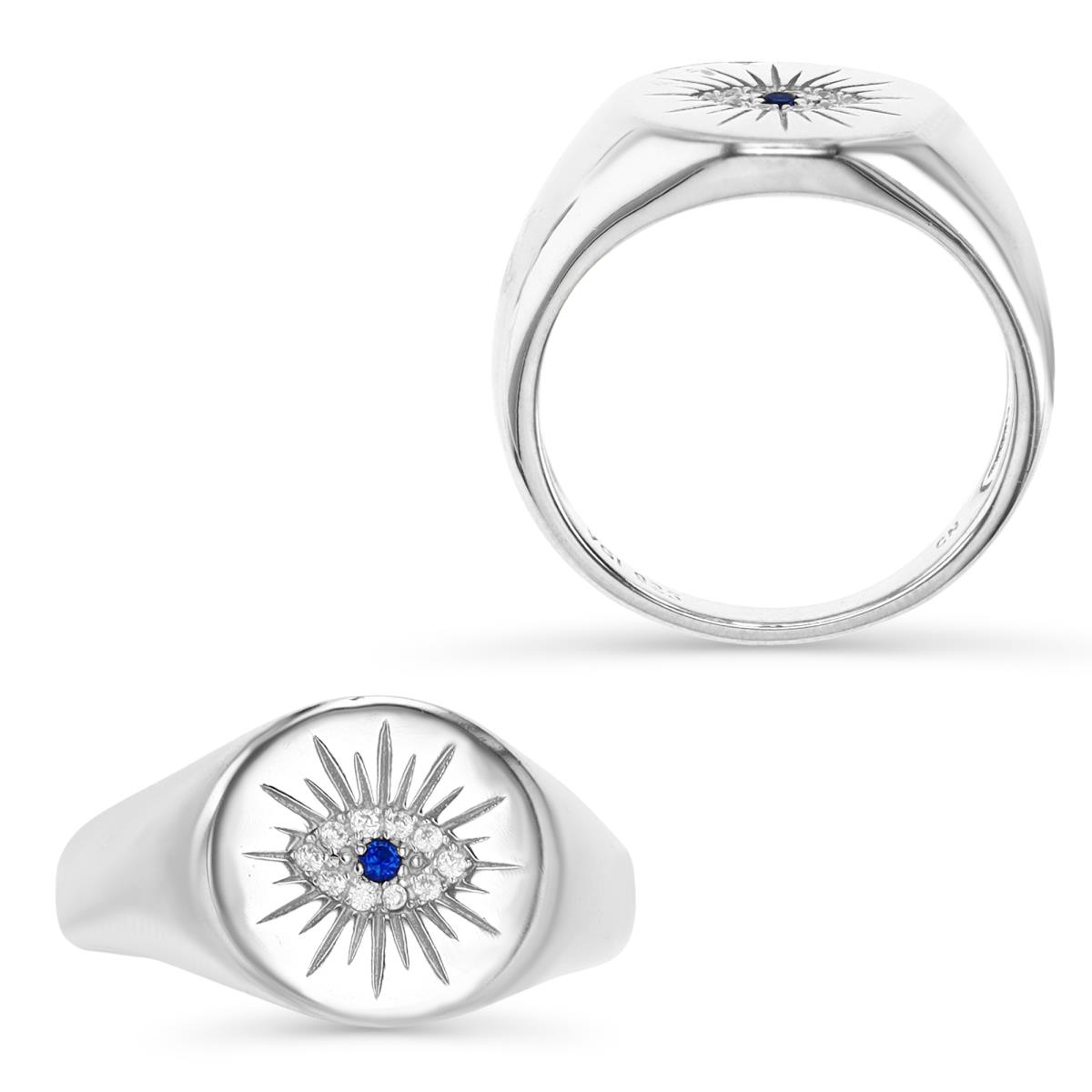 Sterling Silver Rhodium 11MM Polished Cr Spinel & White CZ Evil Eye Signet Ring