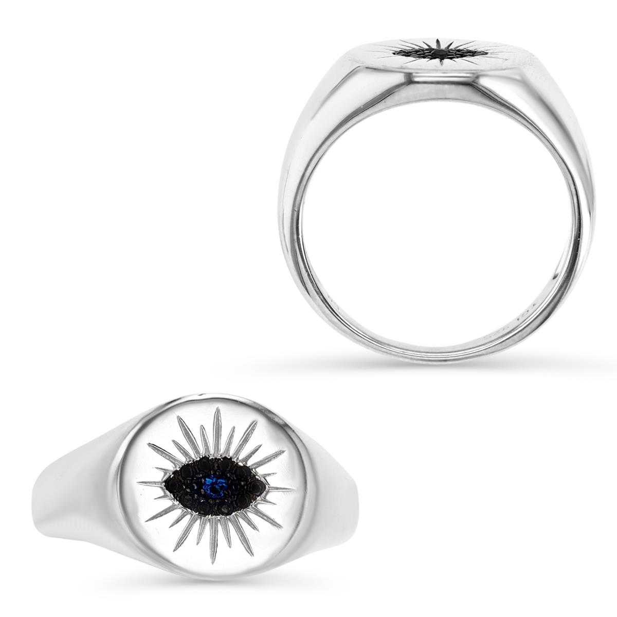 Sterling Silver Rhodium 11MM Polished Black Spinel & Cr Blue Spinel Evil Eye Signet Ring
