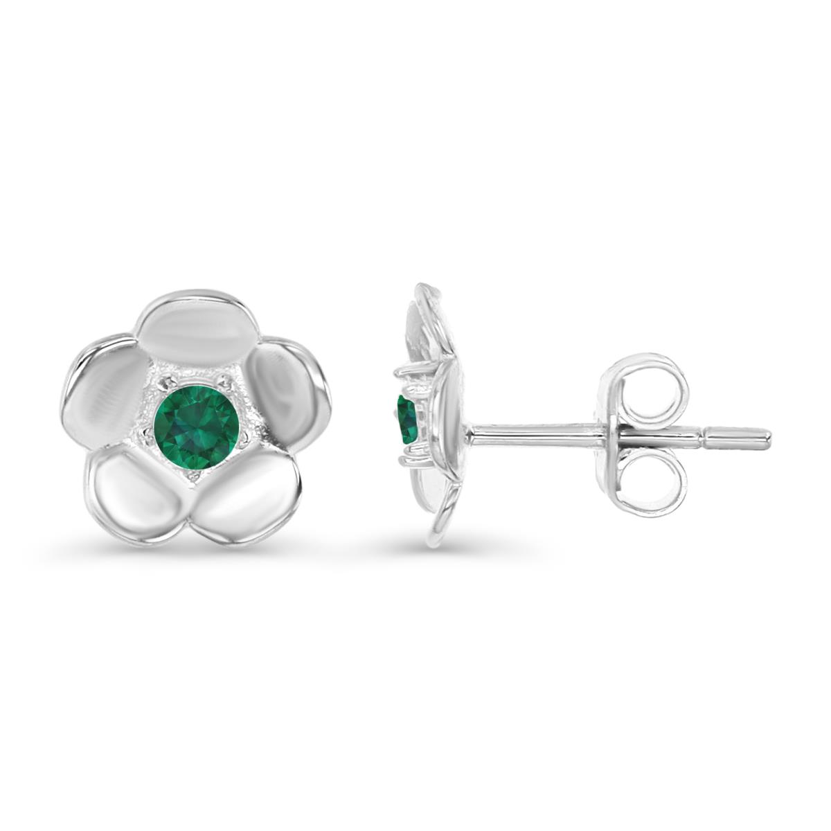 Sterling Silver Rhodium 9MM Polished Green & White CZ Flower Stud Earring