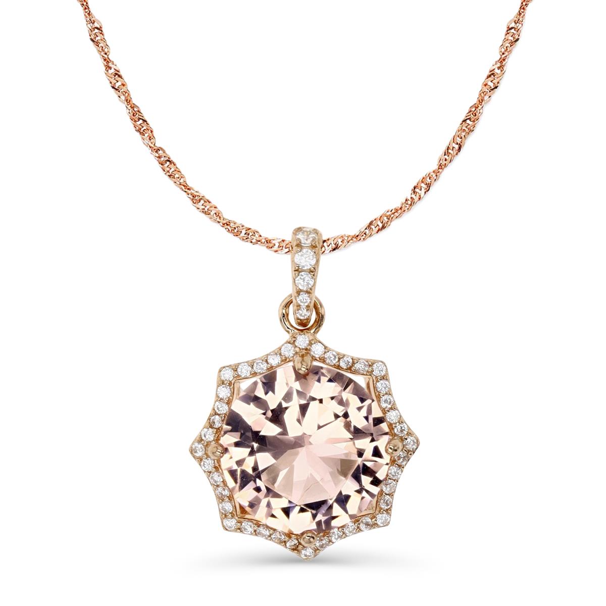 Sterling Silver Rose 1M 24X15MM  Polished Morganite & White CZ Octagonal Halo 18+2'' Singapore Necklace