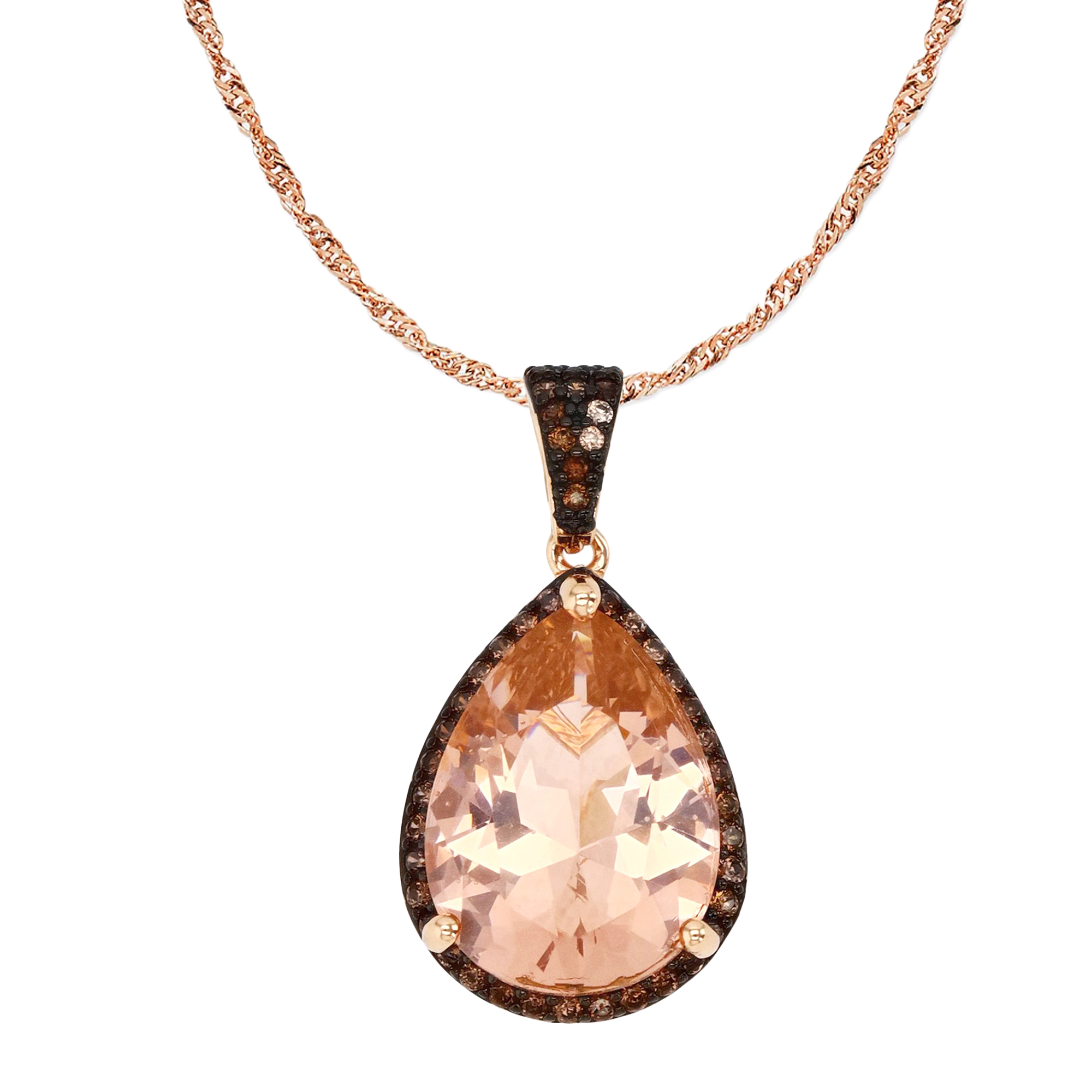 Sterling Silver Black & Rose 1M 16MM PE Ct. Morganite and Smoky  CZ Teardrop Singapore Chain 18+2'' Necklace