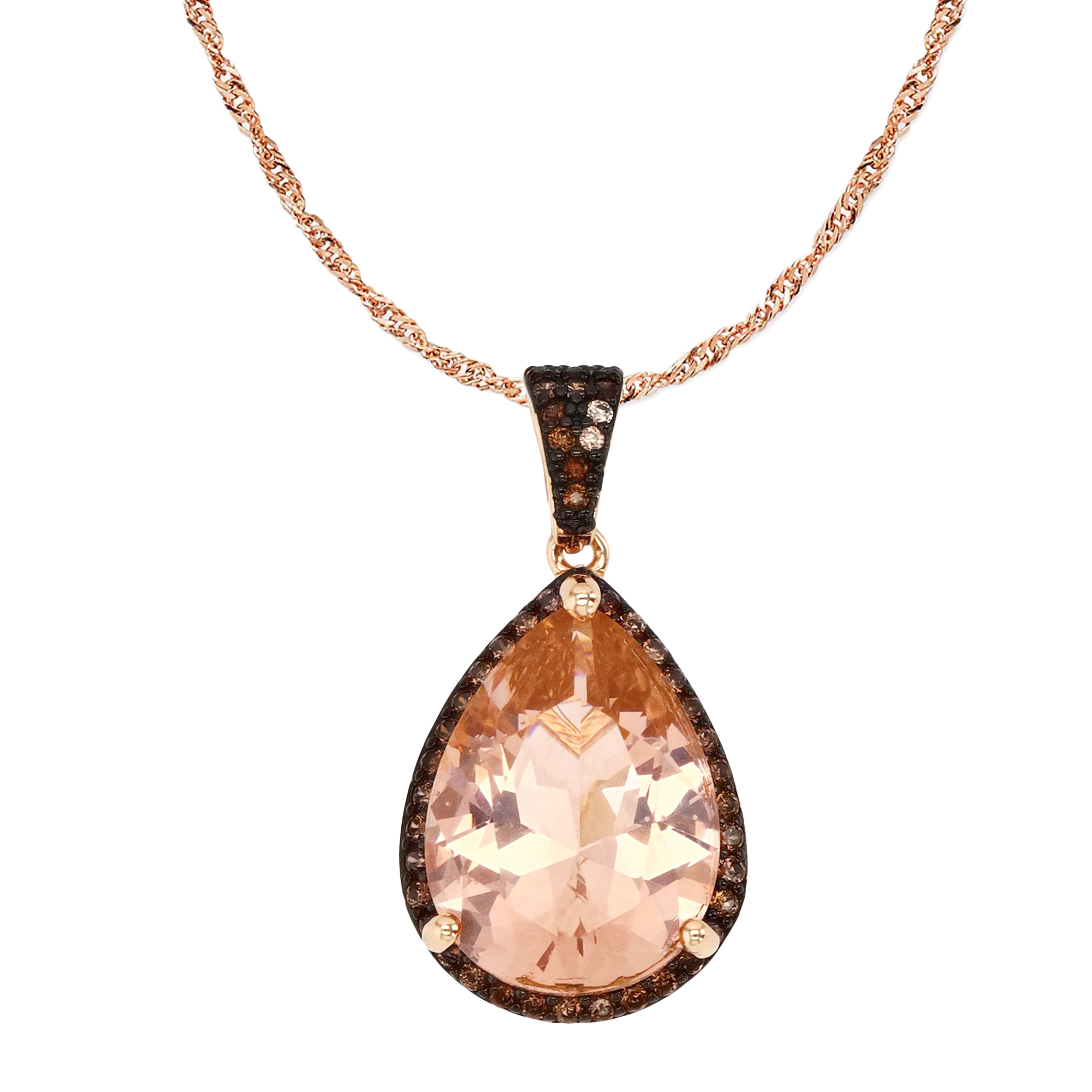Sterling Silver Black & Rose 1M 16MM PE Ct. Morganite and Smoky  CZ Teardrop Singapore Chain 18+2'' Necklace