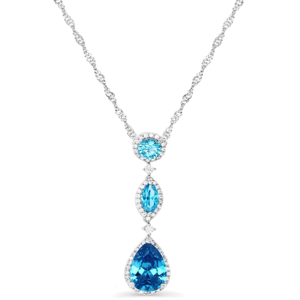 Sterling Silver Rhodium 40X10MM Polished London Blue/ Swiss Blue & White CZ 18+2'' Singapore Necklace