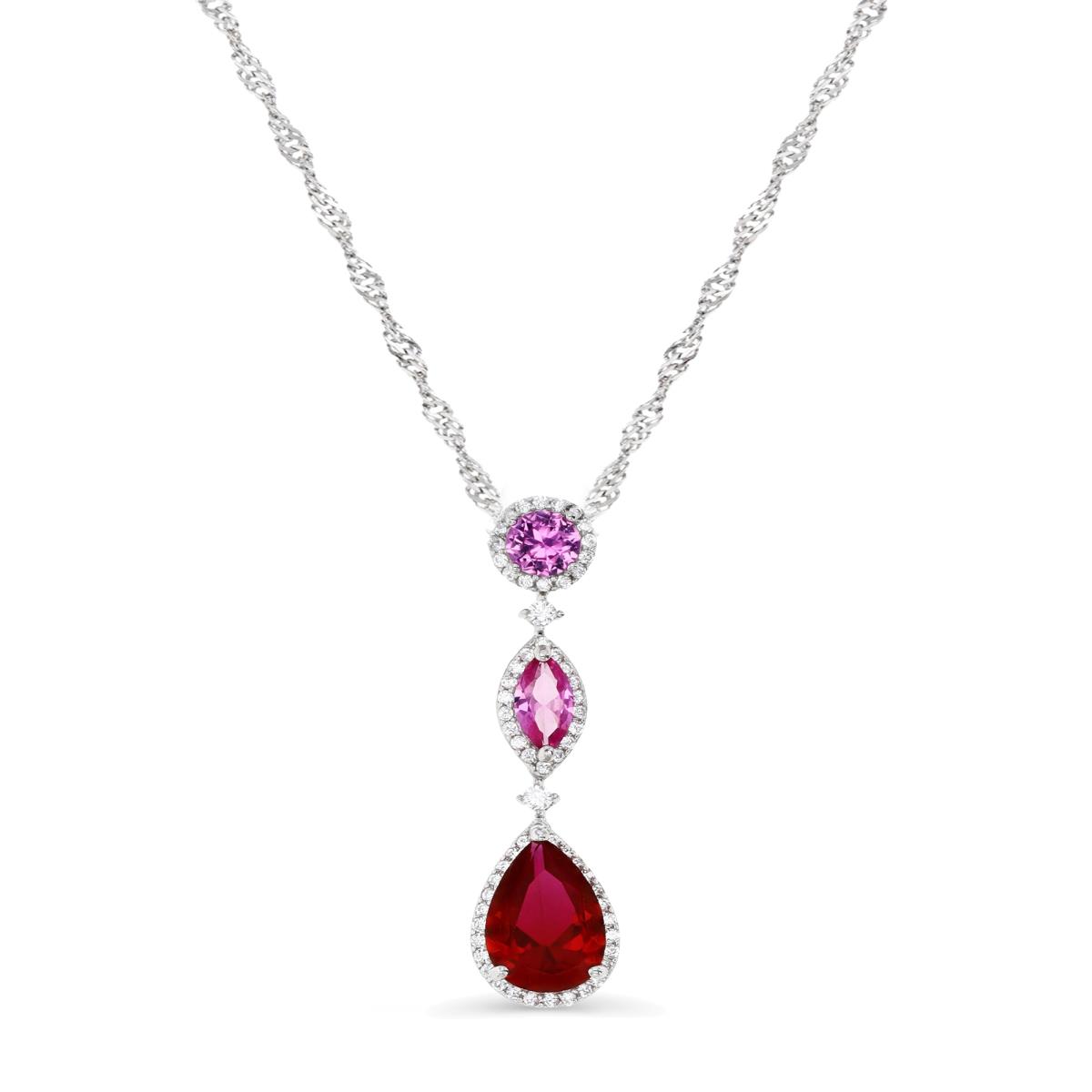 Sterling Silver Rhodium 40X10MM Polished Cr Ruby #3/#8 & White CZ 18+2'' Necklace