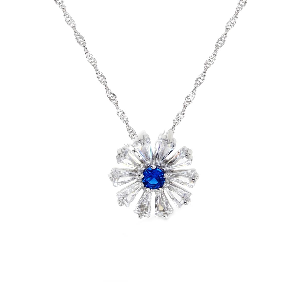 Sterling Silver Rhodium 12MM Polished Cr Spinel #113 & White CZ Tapered Baguette Unique Flower 18+2'' Singapore Necklace