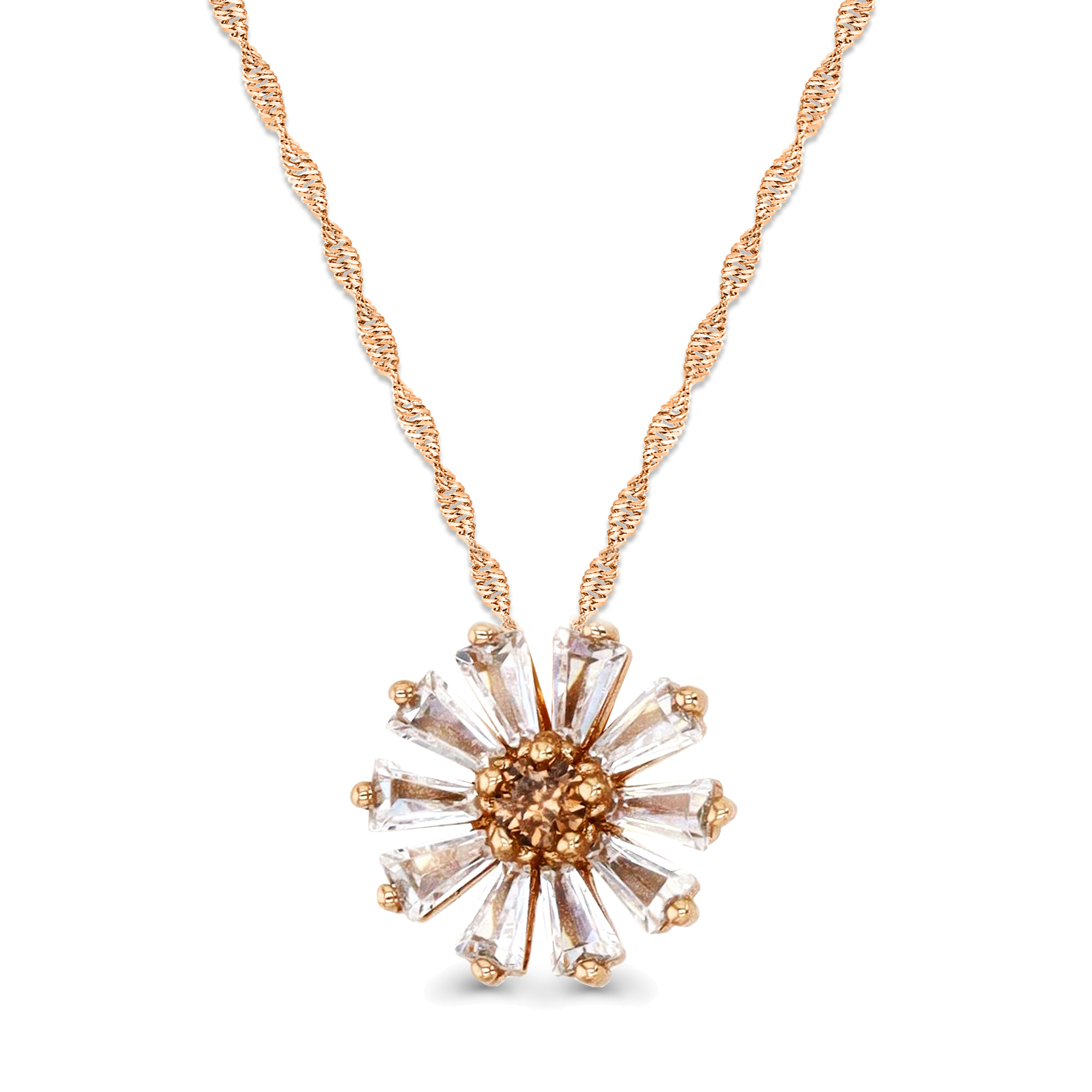 Sterling Silver Rose 12MM Polished Morganite & Smokey Tapered Baguette Unique Flower 18+2'' Singapore Necklace