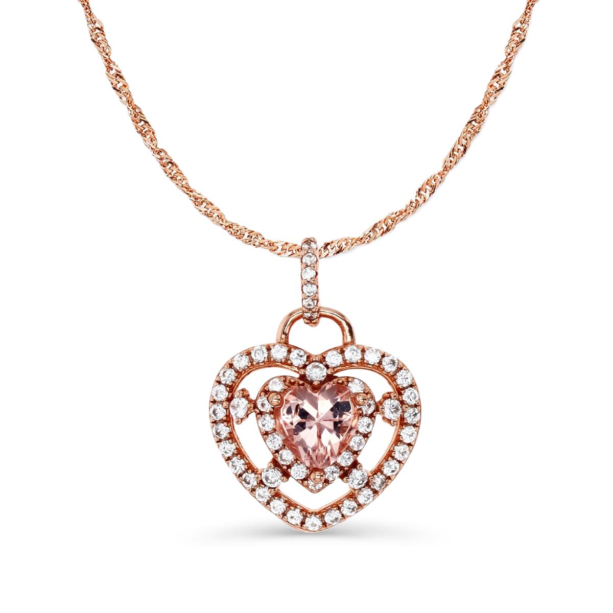 Sterling Silver Rose 1M 21X15MM Polished Morganite & White CZ Heart 18+2''Singapore  Necklace