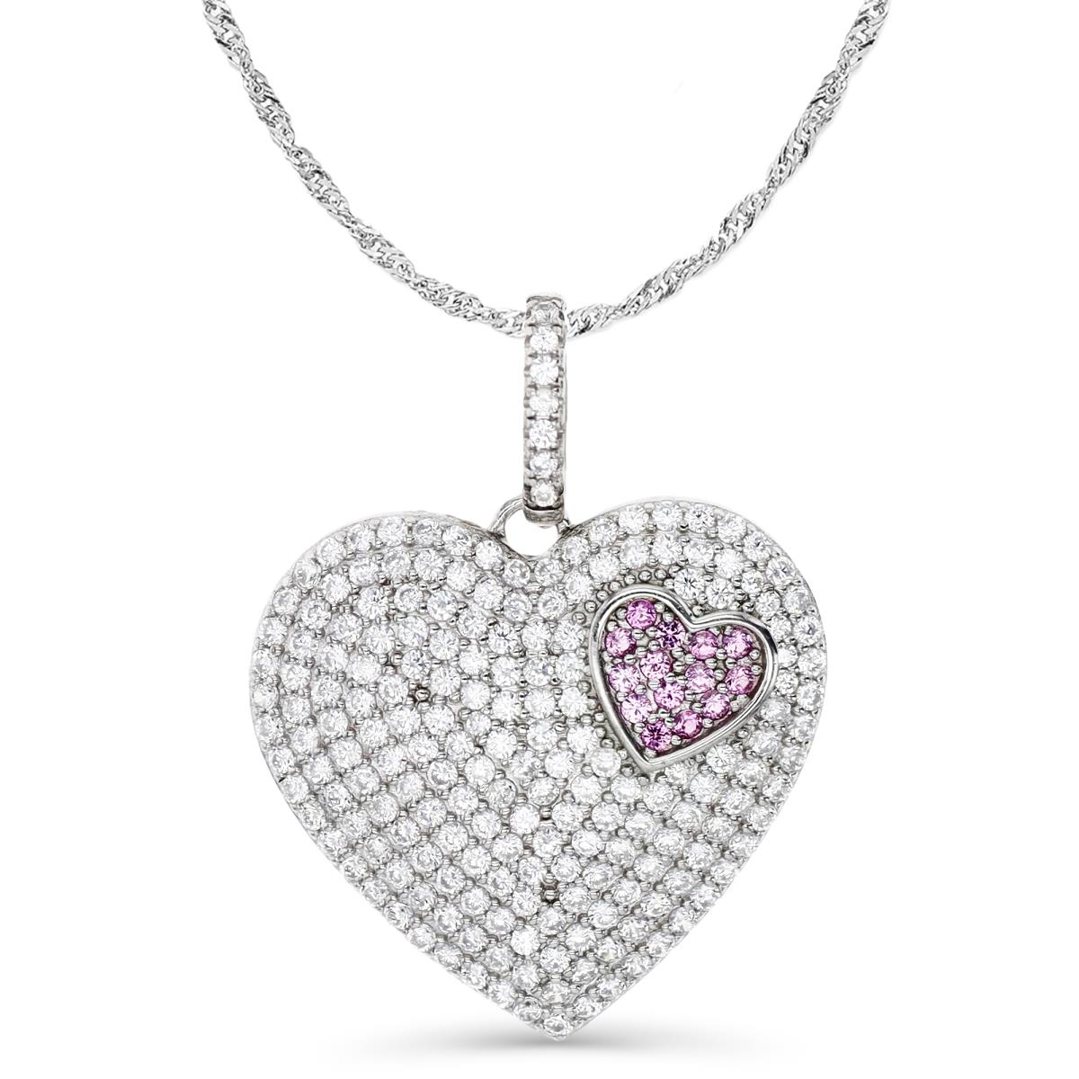 Sterling Silver Rhodium 30X23MM Polished White CZ & CR Ruby#3 Pave Heart Dangling 18+2'' Singapore Necklace