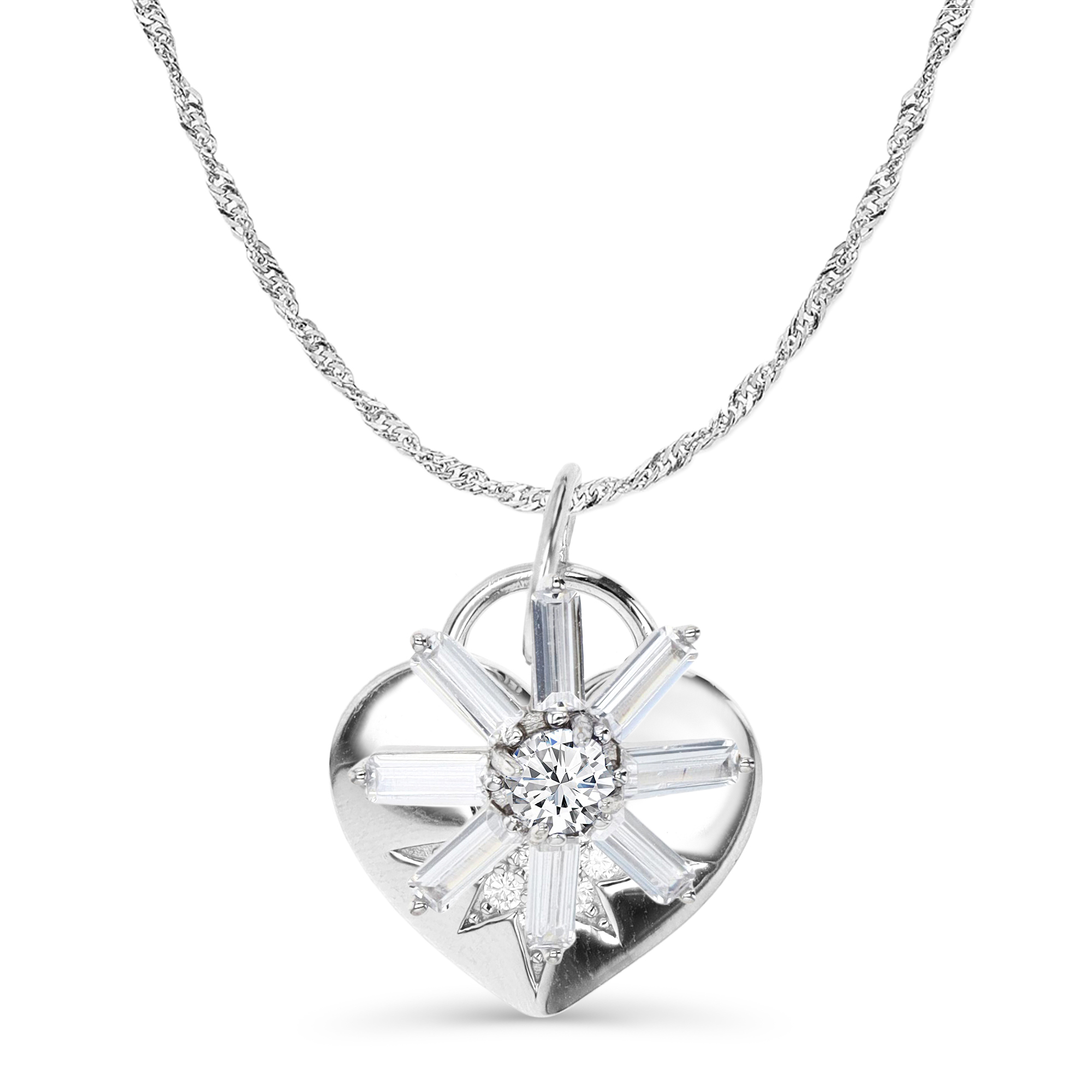 Sterling Silver Rhodium 25X17MM Polished White CZ Star Heart Dangling 18+2'' Singapore Necklace