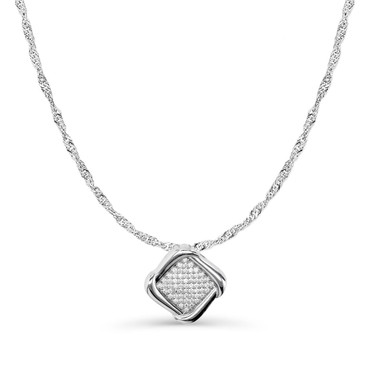 Sterling Silver Rhodium 14MM Polished White CZ Pave Square Dangling 18+2'' Singapore Necklace