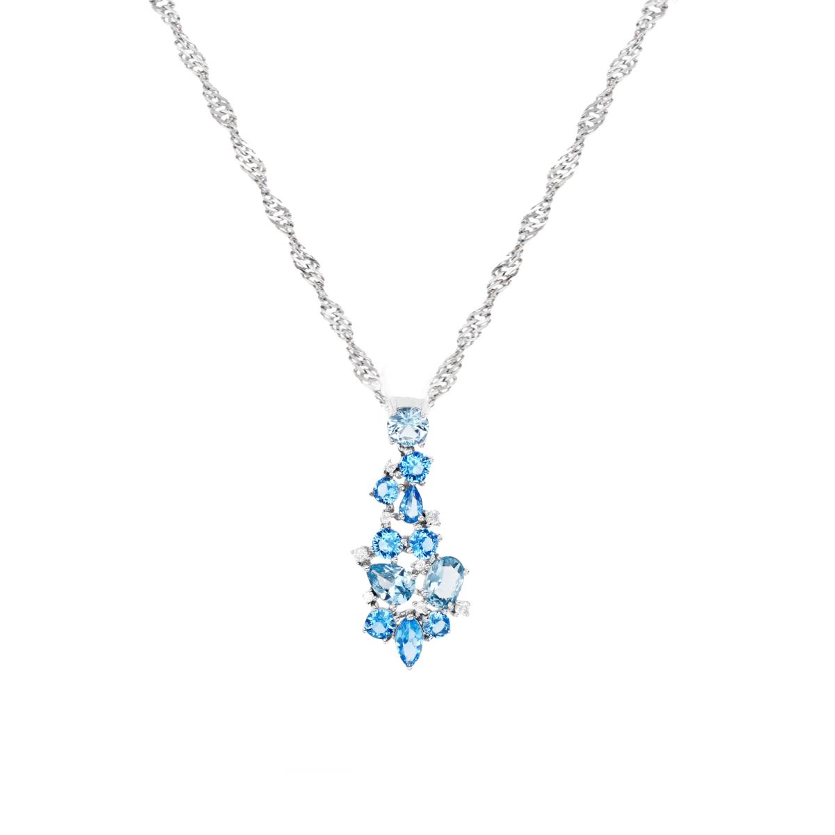 Sterling Silver Rhodium 35X15MM Polished White CZ & Created Blue Spinel  # 119 18+2'' Singapore Necklace