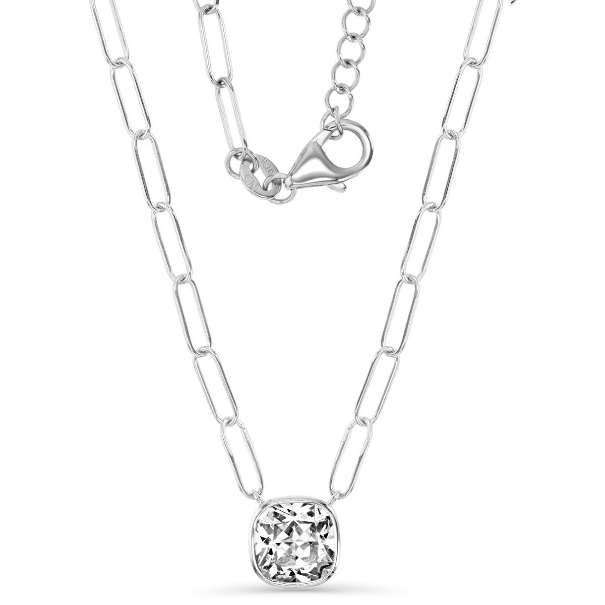 Sterling Silver Rhodium 9MM Polished White CZ Cushion Cut 16+2'' Paper Clip Necklace
