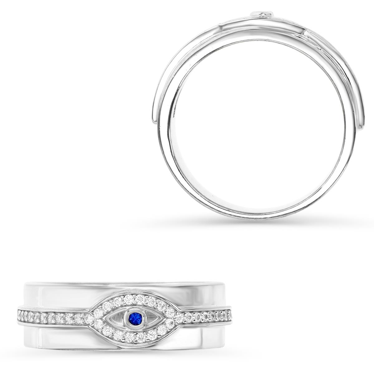 Sterling Silver Rhodium 6MM Polished Cr Blue Spinel & White CZ Evil Eye Ring
