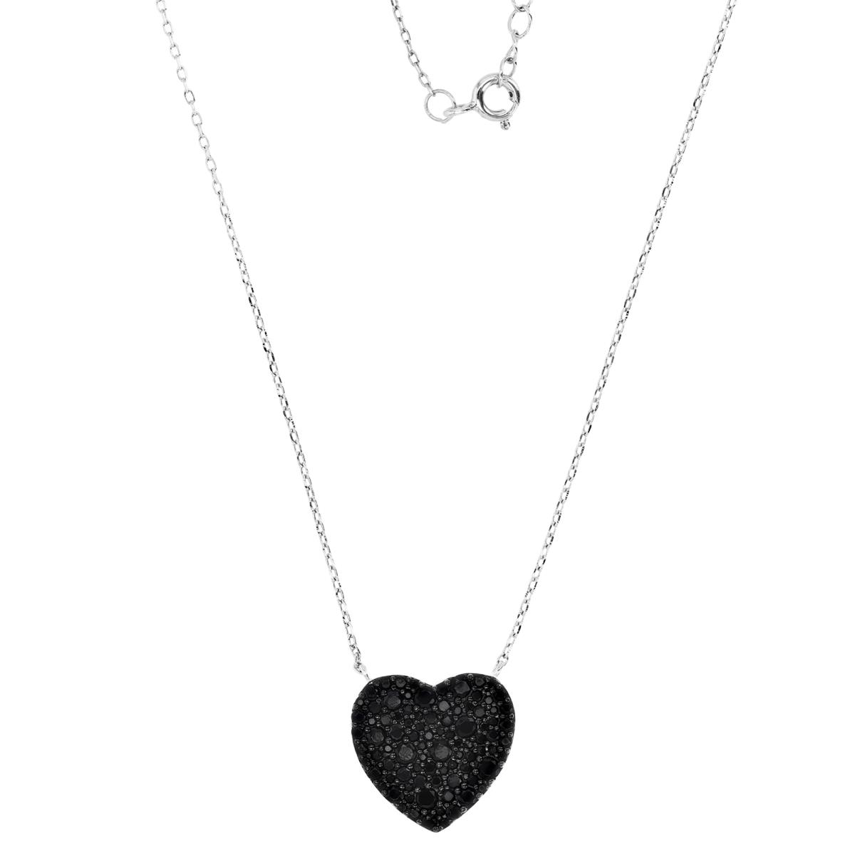 Sterling Silver Rhodium & Black Spinel Heart 18+2" Necklace