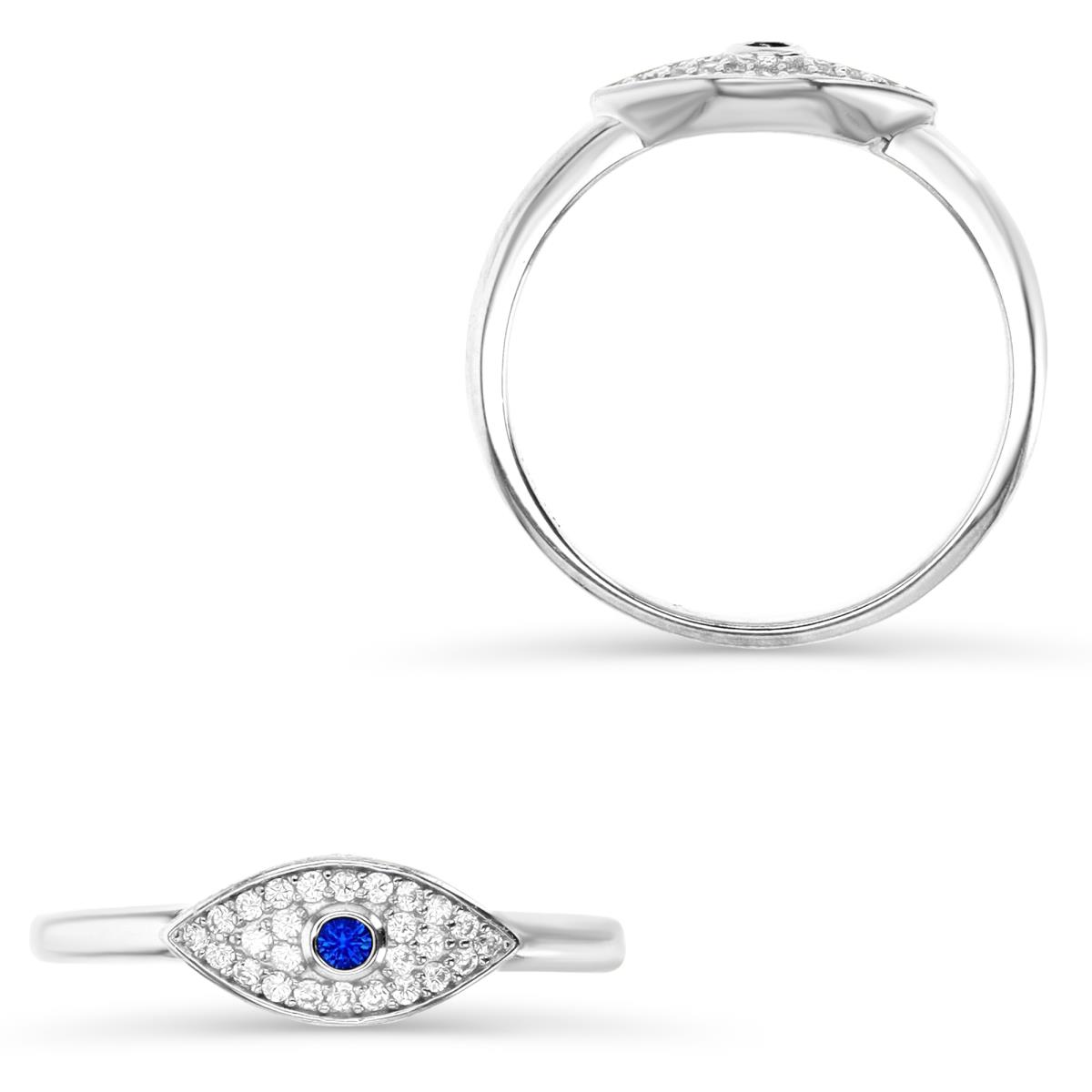 Sterling Silver Rhodium 6MM Cr Blue Spinel & White CZ Evil Eye Ring